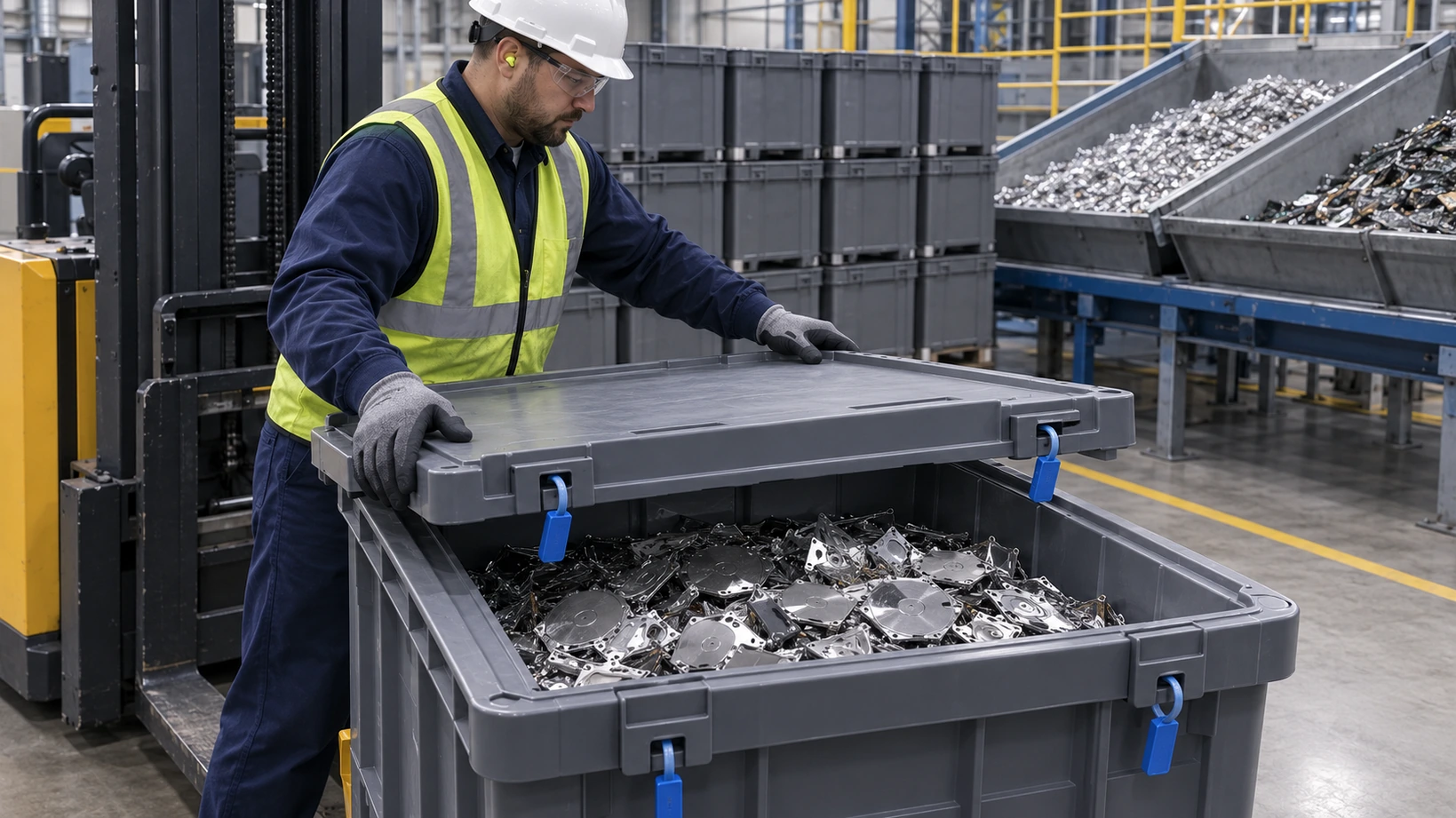 Processed hard-drive metal is transferred in a controlled container for downstream electronics recycling.