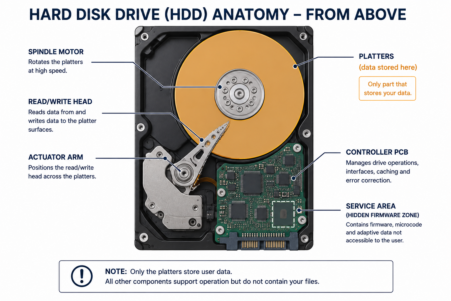 Labeled diagram of hard drive components showing platters as the only data-bearing part.