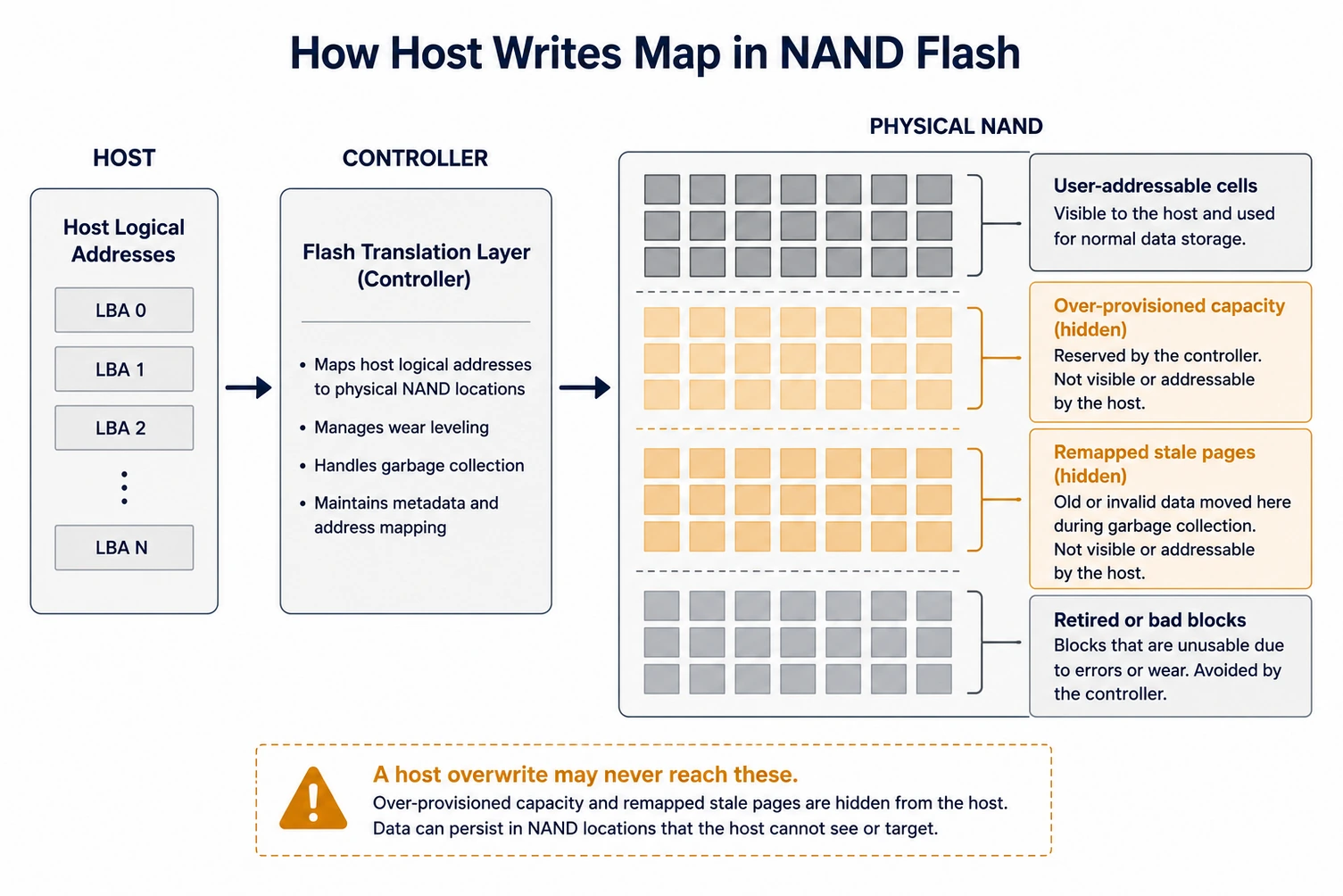 Ssd architecture and nand flash: why erasing an ssd is not like erasing a hard drive 1 Diagram showing the flash translation layer mapping host addresses to nand, with over-provisioned and retired blocks hidden from the host.